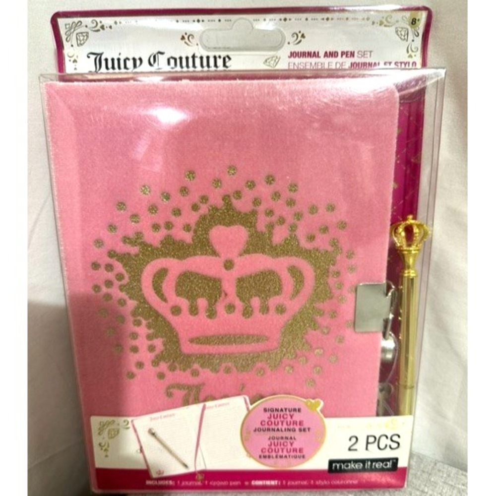Juicy Couture Pink Velvet 2 Piece Locking Journal with Gold Crown Pen Set NEW
